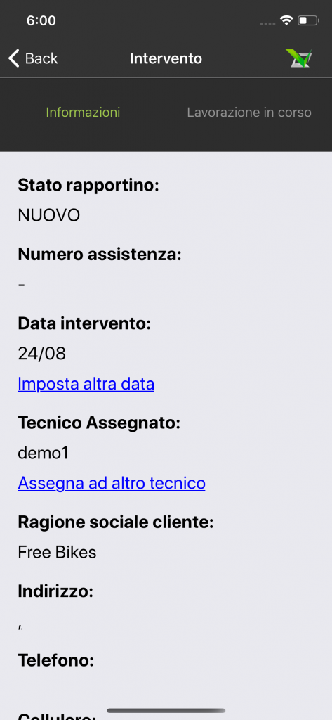 Dettaglio intervento su APP con possibilità di modifica